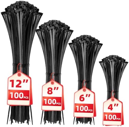 Cable Zip Ties,400 Pack Black Assorted Sizes 12+8+6+4 Inch,Multi-Purpose Self-Locking Nylon Cable Cord Management,Plastic Wire Ties for Home,Office,Garden,Workshop. By HAVE ME TD by HAVEMETD