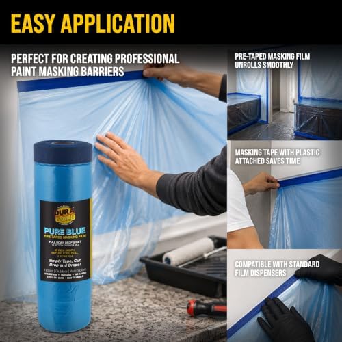 Dura-Gold 43" x 65' Pure Blue Pre-Taped Masking Film - Painters Plastic Roll (0.4 Mil) Pull Down Drop Sheet, Pre-Taped Plastic Sheeting for Painting Protection on Auto, Walls, Furniture - Image 3