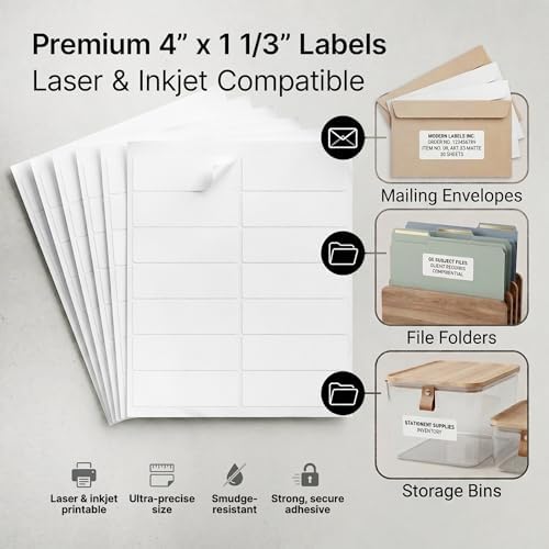 4" X 1.33" Matte White Printable Address Labels (100 Sheets, 1400 Stickers) Mailing Labels for Envelopes, File Folder Stickers for Laser & Inkjet Printers - Spartan Industrial Template R018 - Image 2
