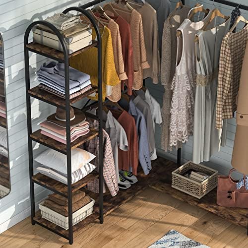 Tribesigns L-Shaped Garment Rack with Shelves, Heavy Duty Corner Clothes Rack with Coat Hooks, Anti-toppling Device, Cloth Hanger Standing Clothing Racks for Hanging Clothes, Rustic Brown - Image 6