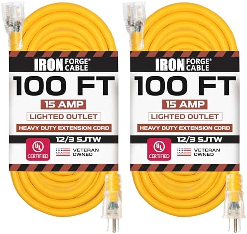 IRON FORGE CABLE 2 Pack of 100 Foot Lighted Outdoor Extension Cord - 12/3 SJTW Heavy Duty Yellow Extension Cable with 3 Prong Grounded Plug for Safety, 15 AMP - Great for Garden and Major Appliances by IronForgeCable