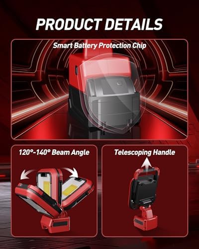 EEFOW Work Light for Milwaukee m18: 9500LM Cordless Led Lights for 18v Battery, 90W Portable 140° Rotate Flood Flashlight with USB & Type C Charge Smart Protect Battery for Indoor Outdoor Lighting - Image 5