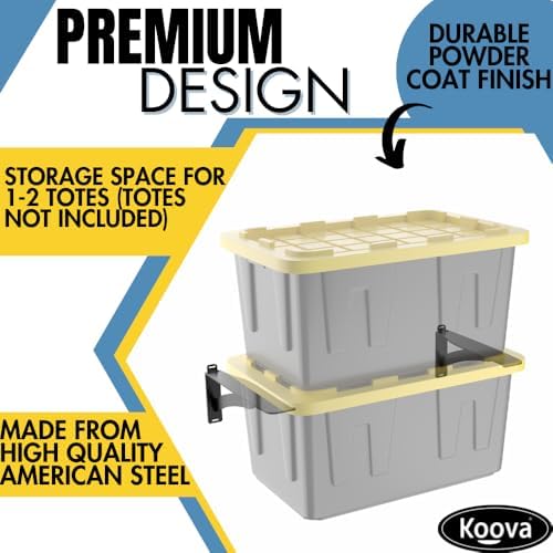 Koova Wall Mounted Tote Rack Storage System, Fits 27-Gallon Black and Yellow Commander Style Bins, Wall Mount Bracket Shelves for Garage Organization, Heavy Duty Steel, Made in USA (2-Piece Set) - Image 2