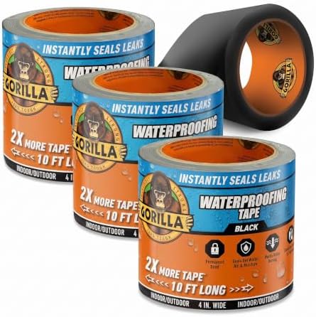 GORILLA Waterproof Patch & Seal Tape, Black Tape, 4" x 10' (Pack of 3) - Permanent Weather Resistant Seal for Leaks and Repairs by Gorilla