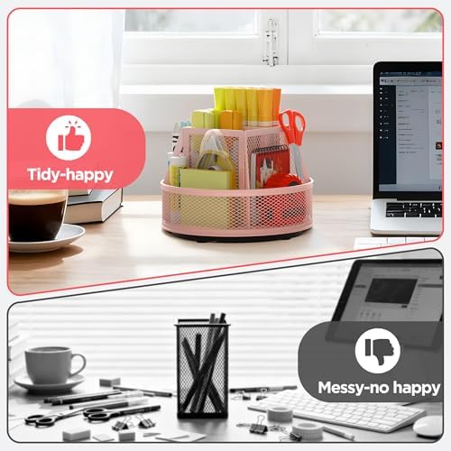 Docnest 360°Rotating Mesh Desk Organizer,6-Compartment Pen Holder,Pink - Image 3