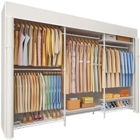 Ulif E13C Pro Heavy Duty Closet Organizer System，Freestanding Clothing Racks for Hanging Clothes，Adjustable Garment Rack 75" W x16 D x77 H Hold 1000lbs，White Rack with White Dustproof Cover by Ulif