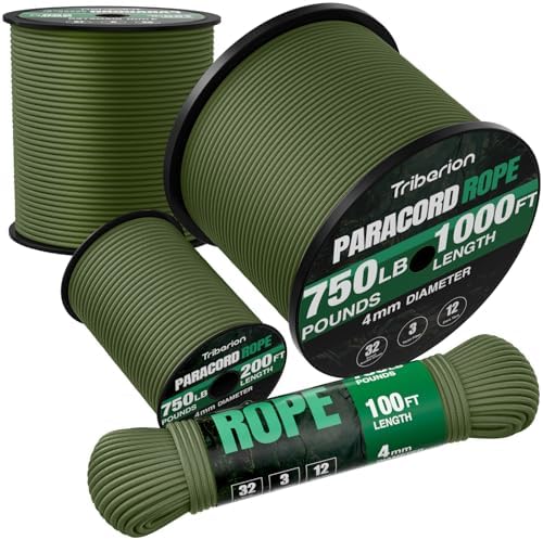 Paracord Rope 750 lb - 500ft 5/32" Parachute Cord 4MM 12-Strand para Cord - Heavy Duty Spool String for Survival,Camping Gear, Survival Bracelet, Clothesline - Army Green by Triberion