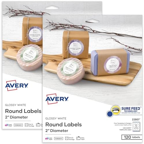Avery® Printable Round Labels, Sure Feed® Technology, Glossy White Labels, 2" Diameter, Permanent Adhesive, Laser/Inkjet, 120 Per Pack for 240 Total (2-Pack of 22807) by Avery
