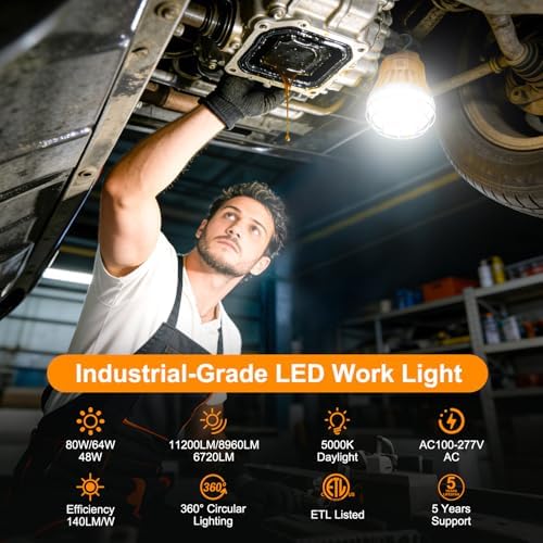 80W LED Temporary Work Light 12000LM, 5000K Linkable Construction Work Light with Switch & Hook, IP65 Waterproof LED Job Site Lighting with Stainless Steel Protective Cover - Image 2