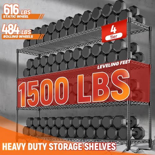 60'' W Storage Shelves Wire Shelving with Wheels, Heavy Duty Metal Garage Shelving, Adjustable Wire Rack with Liners, Fits 27-Gallon Totes, for Commercial & Warehouse, 60" W x 18" D x 63.78" H - Image 5