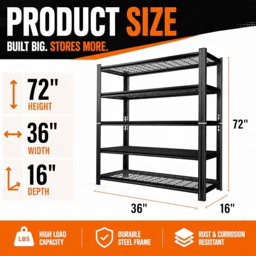 Wire Garage Shelving, 36" W×16" D×72" H Metal Storage Shelf, 2-in-1 5-Tier Adjustable 2500 lbs Heavy Duty Shelves Unit, Upgraded Reinforced Double-Layer Columns for Garage Basement Kitchen - Image 2