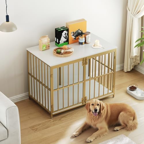HOOBRO 38.6" Dog Crate Furniture, Wooden Dog Kennel Indoor, Heavy Duty Dog Cage for Small/Medium Dog, Decorative Side End Table, White and Gold DW100GW03 - Image 5