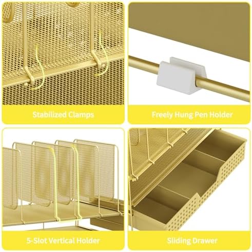 LEKETREE Gold Desk Organizer, Office Organization with Vertical File Holder, File Organizer with Drawer and Pen Holder, Desk Accessories and Workspace Organizers for Home Office (Gold) - Image 5