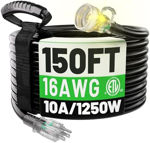 POWGRN 150 FT 16 Gauge Black Indoor/Outdoor Extension Cord Waterproof by POWGRN