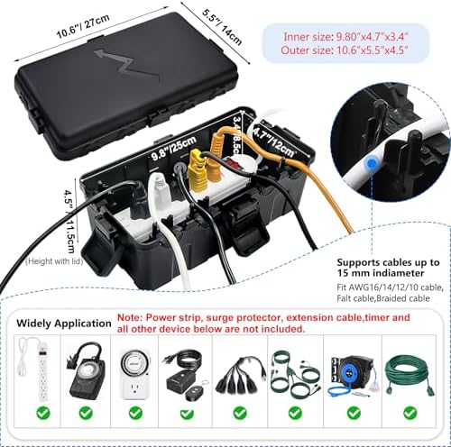 Hrensaw Medium Outdoor Electrical Box(10.6x5.5x4.5inch),IP54 Waterproof Extension Cord Cover w/6 Cable Entry,Weatherproof Connection Box Protect Power Strip,Timer,Plug,Holiday Lights,Black - Image 2