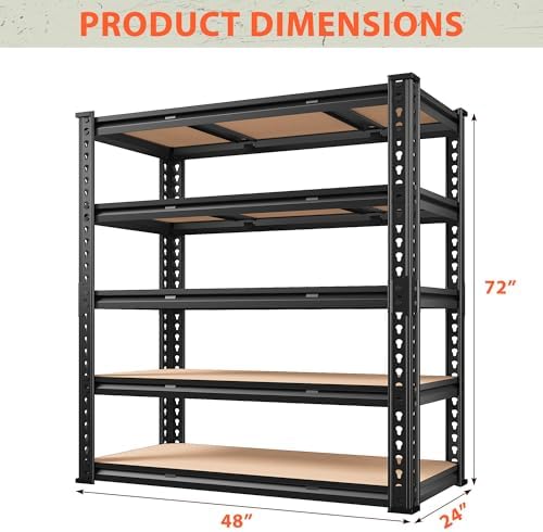 Romorgniz 48" W Garage Shelves 5 Tier Storage Shelves Organizers,3000LBS Heavy Duty Adjustable Shelving Unit,Garage Shelves Metal Shelf for Basement, Warehouse,Commercial,School,72.02" H x 24.4" D,2P - Image 3