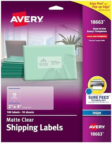 Avery Printable Shipping Labels with Sure Feed, 2" x 4", Matte Clear, 100 Blank Mailing Labels (18663) by Avery