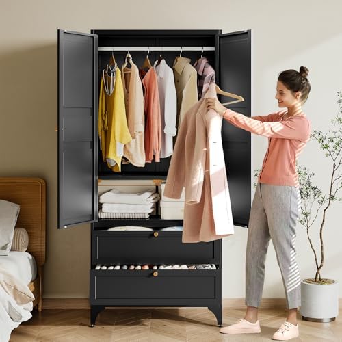 BYNSOE 71" Tall Metal Wardrobe Closet with 2 Drawers, Steel Armoire Cabinet with Hanging Rod and Adjustable Shelves, Freestanding Clothes Storage Organizer Furniture of Metal for Bedroom - Image 3