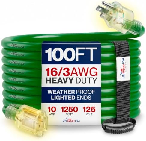 100ft Outdoor/Indoor Extension Cord 16/3 Gauge Heavy Duty 3 Prong SJTW, Waterproof, Flexible Cold-Resistant Long Power Cord,10A 125V 1250W, Green by LifeSupplyUSA by LifeSupplyUSA