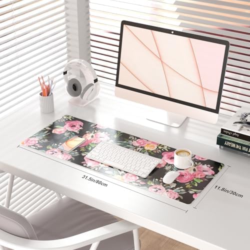 QiyI PU Leather Large Mouse Pad, Office Décor, 31.5" x 11.8", Pink Flowers - Image 2
