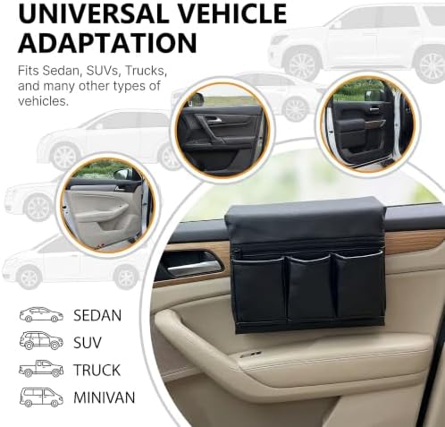 Car Door Window Armrest Storage Organizer, Leather Ergonomic Door Arm Rest Pad with Multi Pocket, Auto Side Door Storage Bag for Phone Keys Small Items, Universal for Most Cars (Black) - Image 5