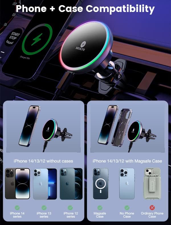 for Magsafe Car Mount Charger 15W LED RGB Car Phone Holder for Dash Vent - Image 3