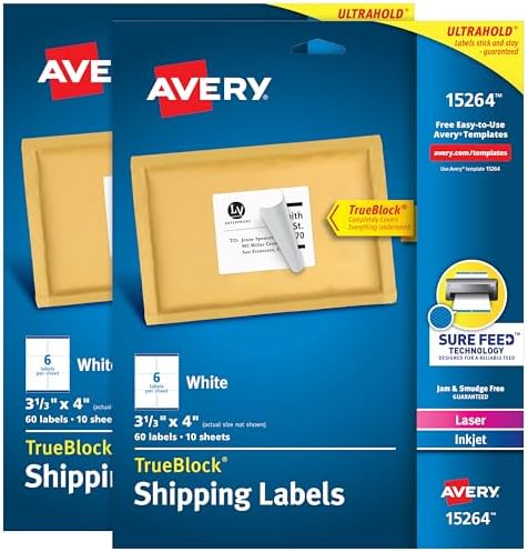 Avery TrueBlock Shipping Labels, Sure Feed, Permanent, 3-1/3" x 4", White, 2 Pack, 120 Labels Total (32134) by Avery