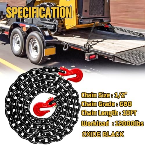 G80 Transport Binder Chain,10FT 1/2" Trailer Safety Chains with Grab Hooks, 12,000 Lbs Safe Working Load Heavy Duty Chain for Transporting,Towing,Logging Tie Down Binding Provides (Oiled Black) - Image 3