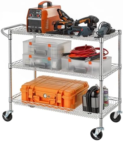 Finnhomy 3 Tier Heavy Duty Commercial Grade Utility Cart, Wire Rolling Cart with Pushing Handle Bar, Steel Metal Kitchen Service Trolly with Wheels, Shelf Size 18" D x 36" W, NSF, Chrome - Image 2