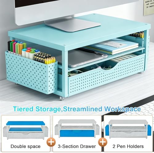 gianotter Desk Organizers and Accessories, Monitor Stand with Drawer and 2 Pen Holder, Desktop Organizer Suitable for Offices and Dormitories (Blue-Plain) - Image 4
