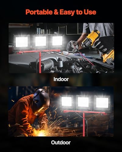 VEVOR LED Work Light with Stand, 15000 Lumens, Three-Head Portable Camping Light with Individual Switch, Tripod Stand, 10.83 ft Power Cord, for Indoor Outdoor Job Site Construction, IP65 Waterproof - Image 6