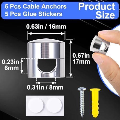 SmallCat 5 Sets Charger Holders for Cords, Silver Adjustable Cable Anchor Holders, Adhesive Metal Cord Clips, Cable Management Wire Organizers for Desk, Office, Nightstand - Image 3