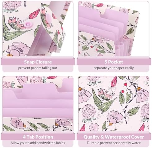 SKYDUE Accordion File Organizer, Floral Expanding File Folders with 5 Pockets, Cute Document Organizer for Paper Bills Receipt Storage, School Office & Hospital Supplies Letter/A4 Size Light Purple - Image 4