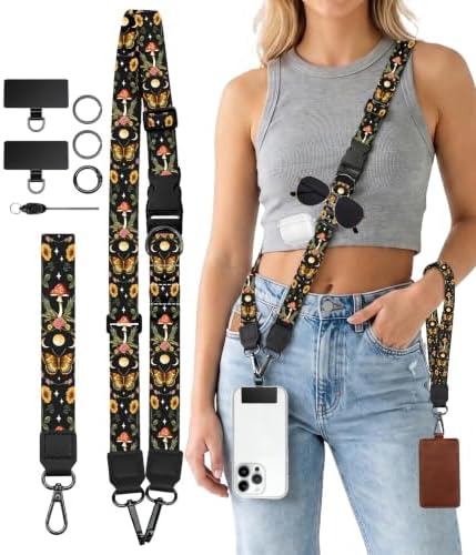 Butterfly Moon Mushroom Cell Phone Lanyard Crossbody Wrist Strap by Sukyerios