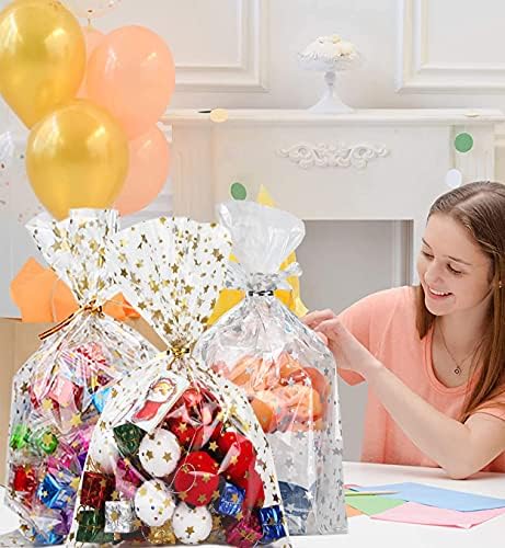 100 Pcs Star Printed 6"X10" Gift Wrap Cello Cellophane Treat Bags Party Favor bags Clear Candy Cookie Bags Plastic Poly Goodie Storage Bags with Twist Ties for Bakery,Birthday, Wedding ,Party Decorations (Gold) - Image 5
