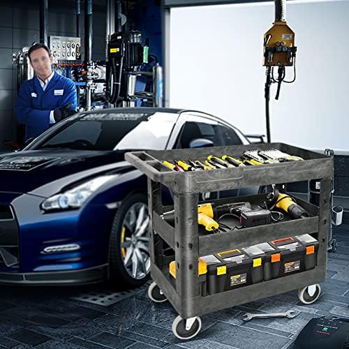 AQNIEGEP 3 Shelf Utility Cart Heavy Duty Rolling Cart with Brake Wheels Storage Service Cart w/Deep Shelves for Warehouse Workshop Cleaning Office Restaurant Commercial Moving 600lbs Capacity Black - Image 6
