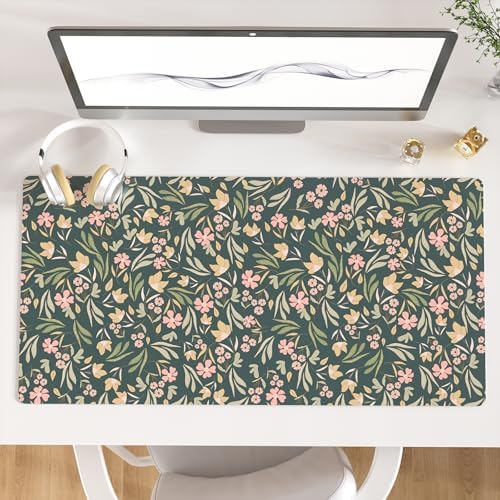Faux Leather Large Mouse Pad, Office Desk Mat, 31.5"x15.7", Ditsy Floral by ColorfulStar