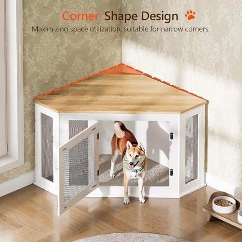 MAHANCRIS Corner Dog Crate Furniture, Wooden Dog Kennel End Table, Decorative Pet Crate Indoor Use, Furniture Style Dog House for Small Medium Dog, Dog Cage TV Stand, White and Natural DCBN0801 - Image 2