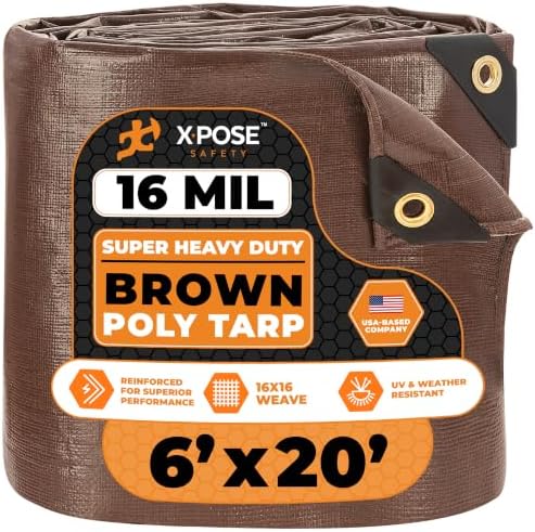 6' x 20' Super Heavy Duty 16 Mil Brown Poly Tarp Cover - Thick Waterproof, UV Resistant, Rip and Tear Proof Tarpaulin with Grommets and Reinforced Edges - by Xpose Safety by XposeSafety