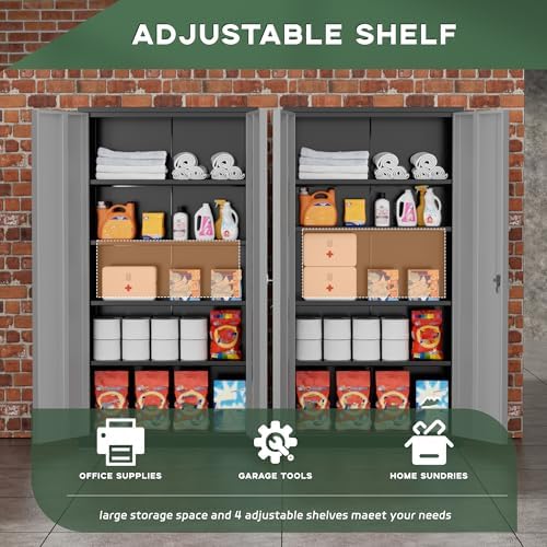 Greenvelly Metal Garage Storage Cabinet, 72" Black Gray Tool Steel Locking Cabinet with Doors and 4 Shelves, Tall Cabinets for Garage Storage Systems Lockable File Cabinet for Home Office,Garage - Image 5