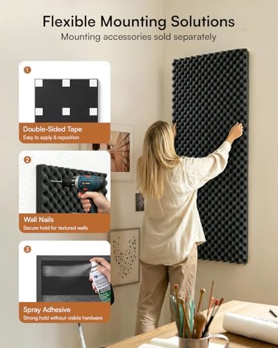 SODOCT 2 Pack Large Egg Crate Acoustic Foam Panels, 48 x 24 x 1.2 Inches High Density Sound Proof Foam for Walls, Professional Sound Absorbing Studio Panels for Home Theater, Recording (Black) - Image 6