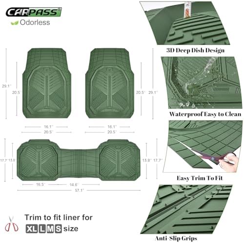 CAR PASS Heavy Duty Rubber Car Mats, Deepdish All Weather Floor Mats for Car Full Set, Universal Automotive Mats Trim to Fit for Sedans SUVs Trucks, Waterproof Anti-Slip Deep Tray 3 Pieces Olive Green - Image 5