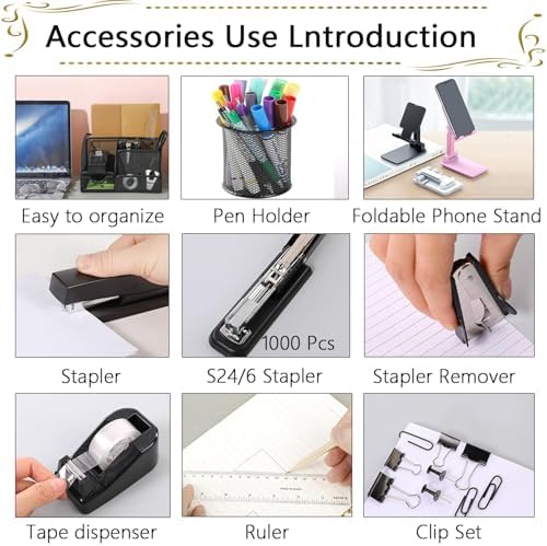 Office Supplies,Desk Accessories,Stapler and Tape Dispenser Set,1000 Staples,Staple Remover,Pen Holder,Folding Phone Holder,Journal Notebook,Ballpoint Pen,Scissor,Ruler,Clear Tape,Sticky Notes,Ect - Image 3