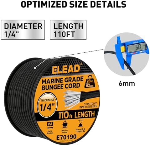 Heavy Duty Bungee Cord Roll, 1/4" x 110ft Marine Grade Outdoor Bungee Cords, Black Super Elastic Shock Cords, Long Cord for Cargo, Camping, Bike Racks, Tents - Image 2