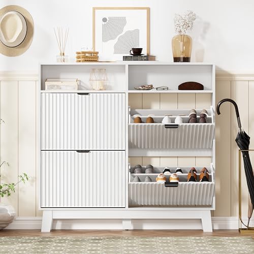 Shoe Cabinet Storage for Entryway with 4 Flip Drawers, Fluted Narrow Shoe Organizer with Wooden Legs & Top Cubby, Freestanding Slim Shoe Storage Hidden Shoe Rack for Front Door Entrance, White - Image 4