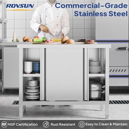 ROVSUN Stainless Steel Prep & Work Table with 2 Sliding Doors, 39 x 19 Inches, Commercial Kitchen Metal Table for Restaurant Home Hotel Garage - Image 3