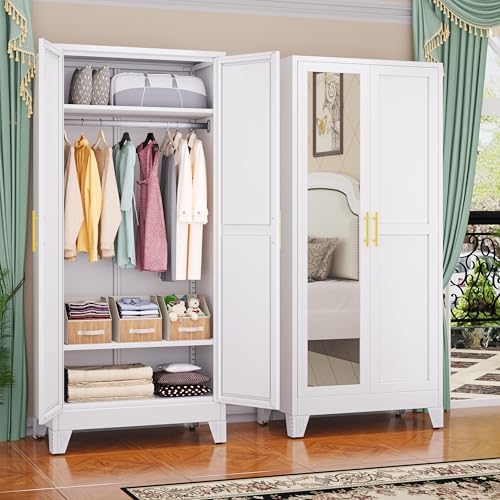 GAIOUS Metal Wardrobe Cabinet with Mirror and Hanging Rod, 71" White by GAIOUS
