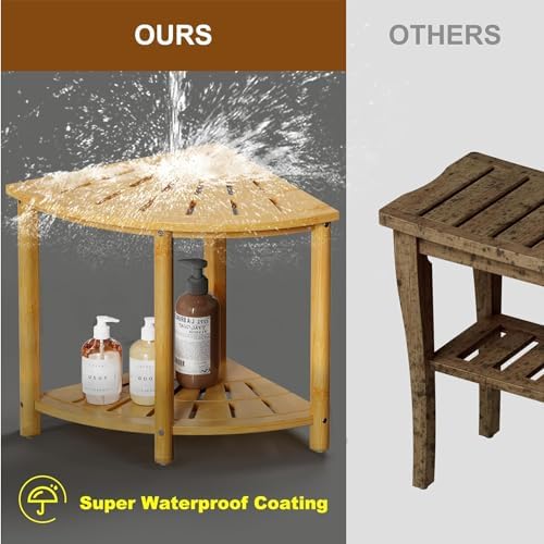 Bamboo Shower Bench with Storage Shelf Waterproof Corner Shower Stool for Shaving Legs Compact Size (15 * 13in) - Image 7