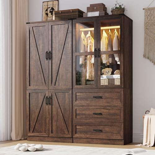 75" Tall Farmhouse 4 Doors Armoire Wardrobe Closet with 3 Drawers and LED,Freestanding Closet Wardrobe Cabinet for Bedroom with Hanging Rod,Wooden Armoire Storage Cabinet with Adjustable shelve(Brown) - Image 3