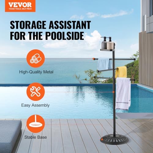 VEVOR Towel Rack, 3 Bars Outdoor Towel Holder with Metal Base, Freestanding Pool Towel Hanger Stand Next to Hot Tub, Outdoor or Indoor Quilt Drying Rack Organizer for Pool, Bathroom, Spa, Black - Image 2